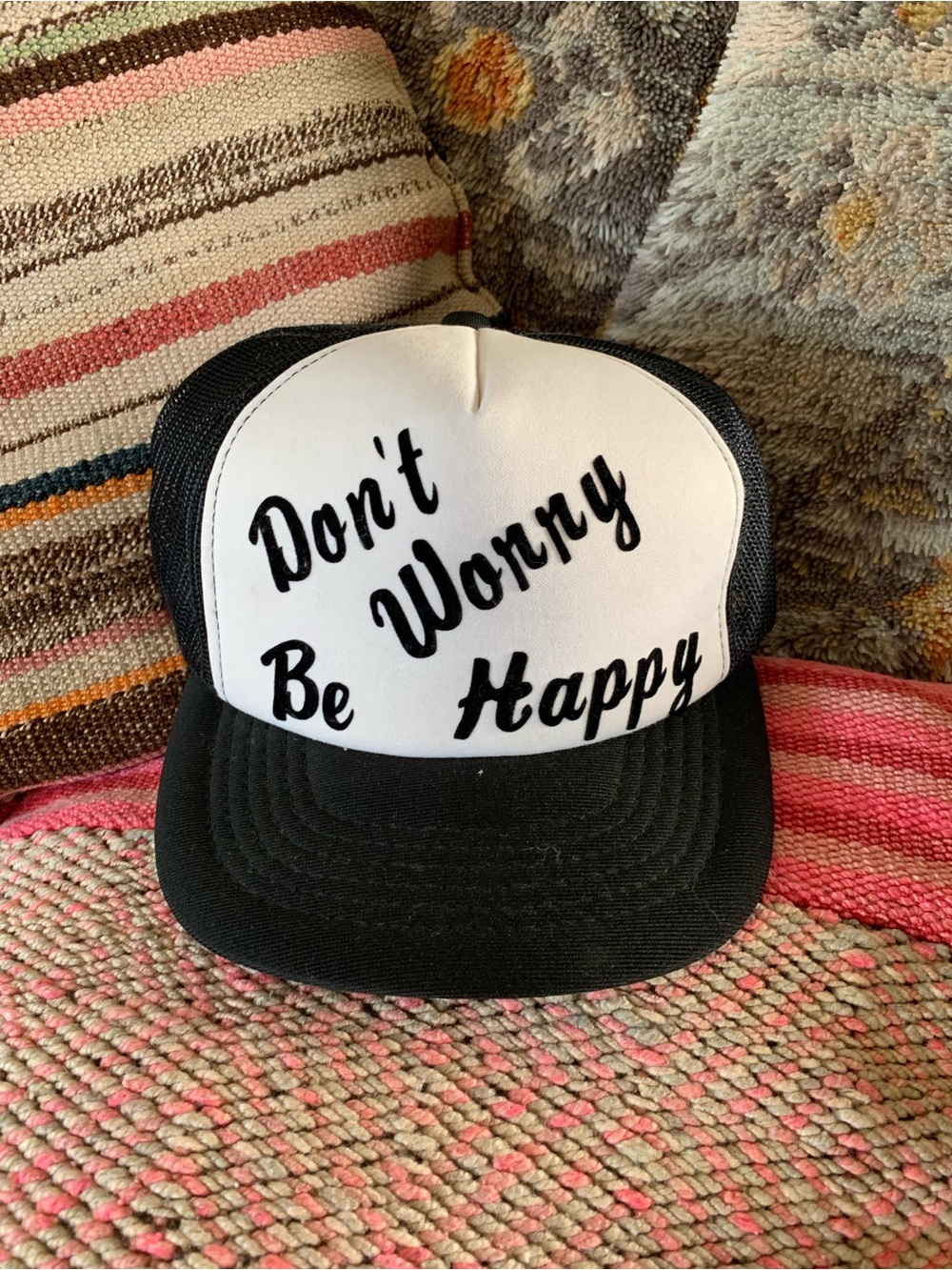 Vintage Black and White Trucker Hat with Script Text